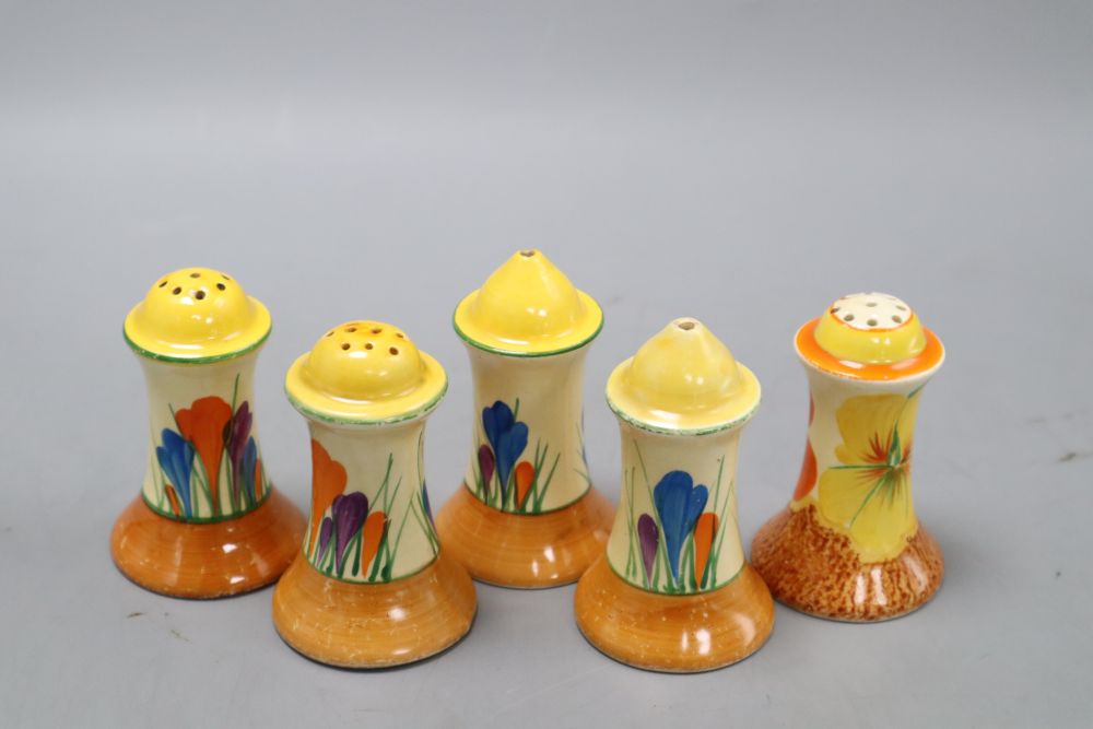 Five Clarice Cliff crocus pattern condiments, tallest 9cm